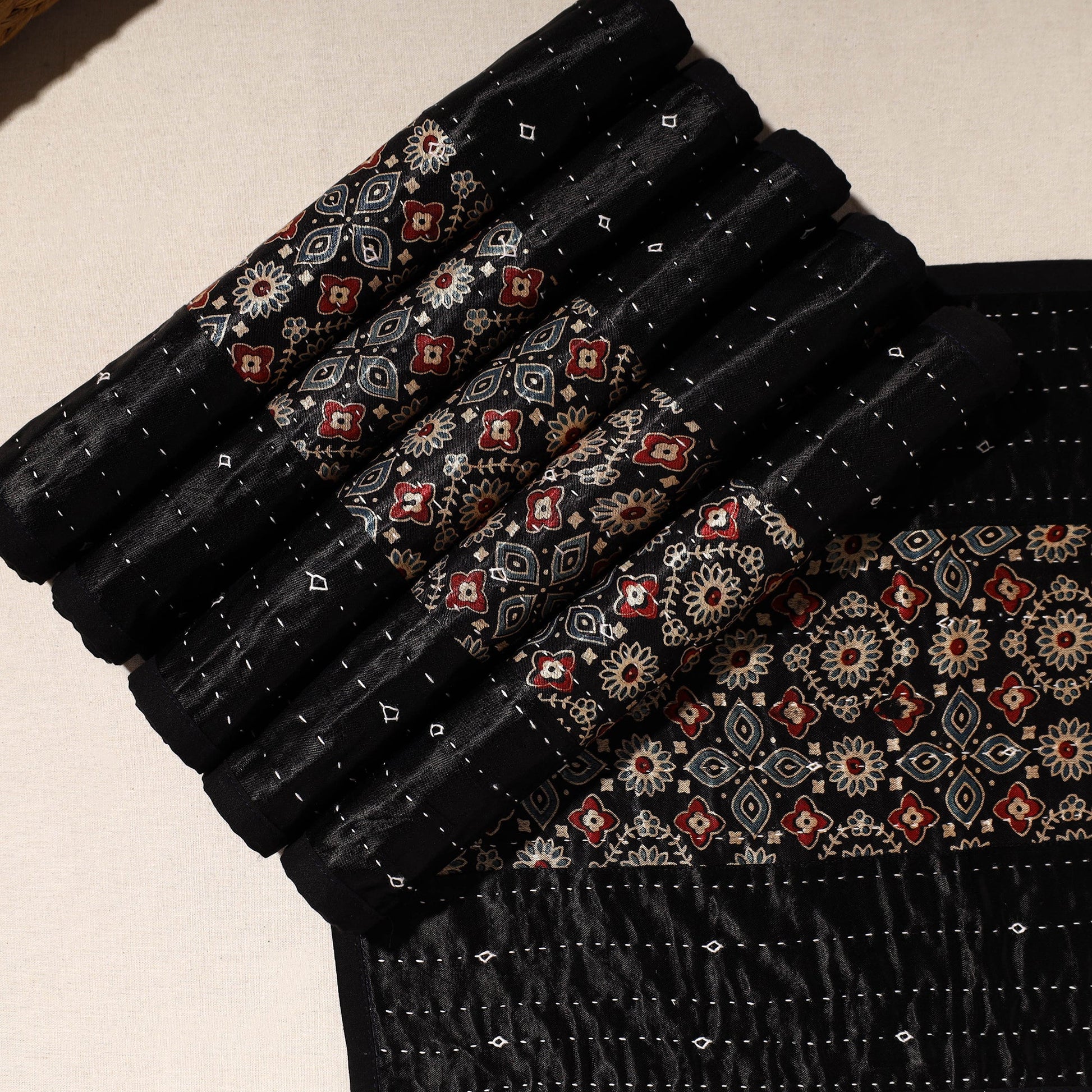 Black - Kutch Tagai Embroidered Mashru Silk Table Mats (SO6) 03