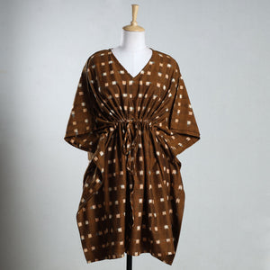 Brown - Ikat Weave Cotton Kaftan with Tie-Up Waist (Medium)