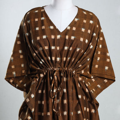 Brown - Ikat Weave Cotton Kaftan with Tie-Up Waist (Medium)