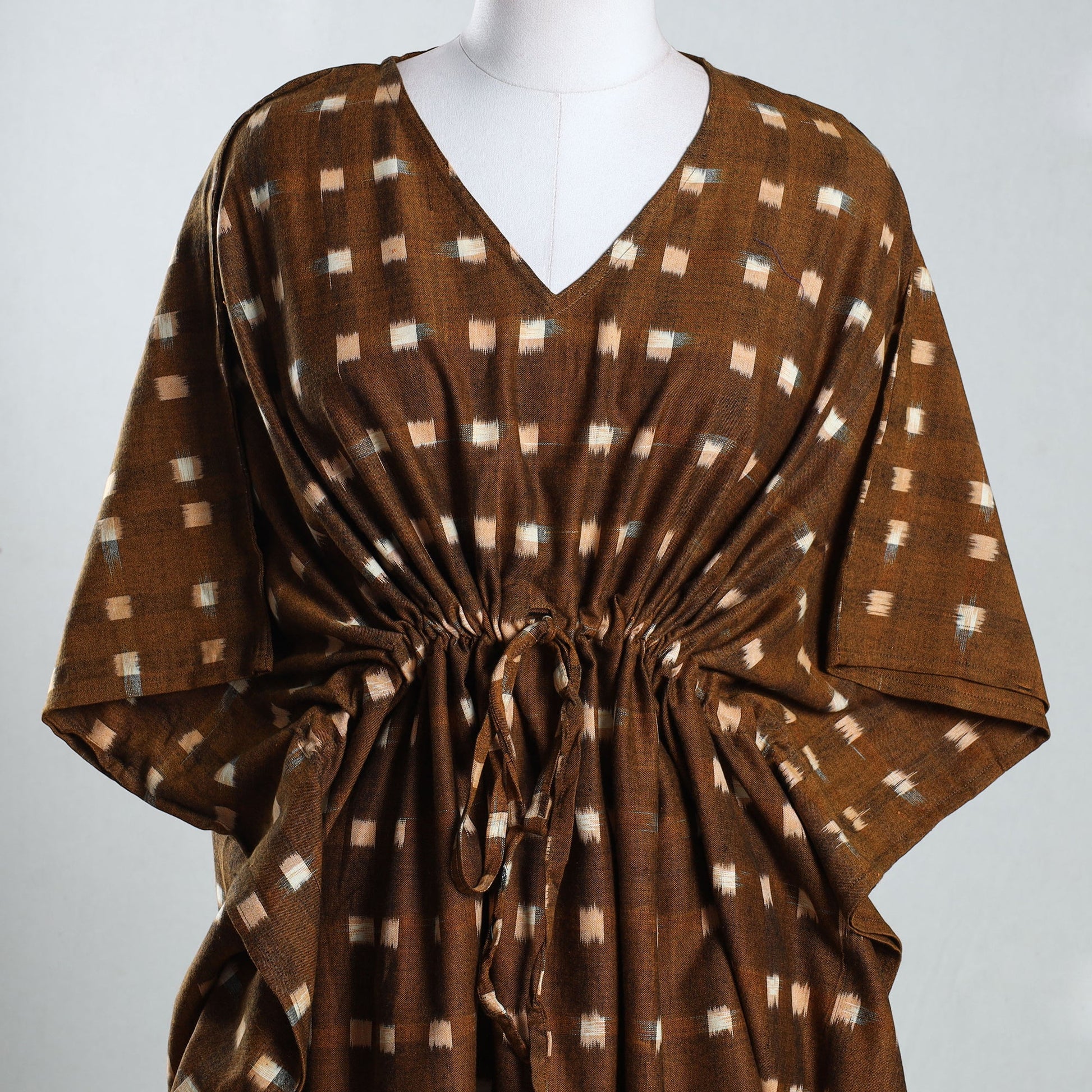 Brown - Ikat Weave Cotton Kaftan with Tie-Up Waist (Medium)