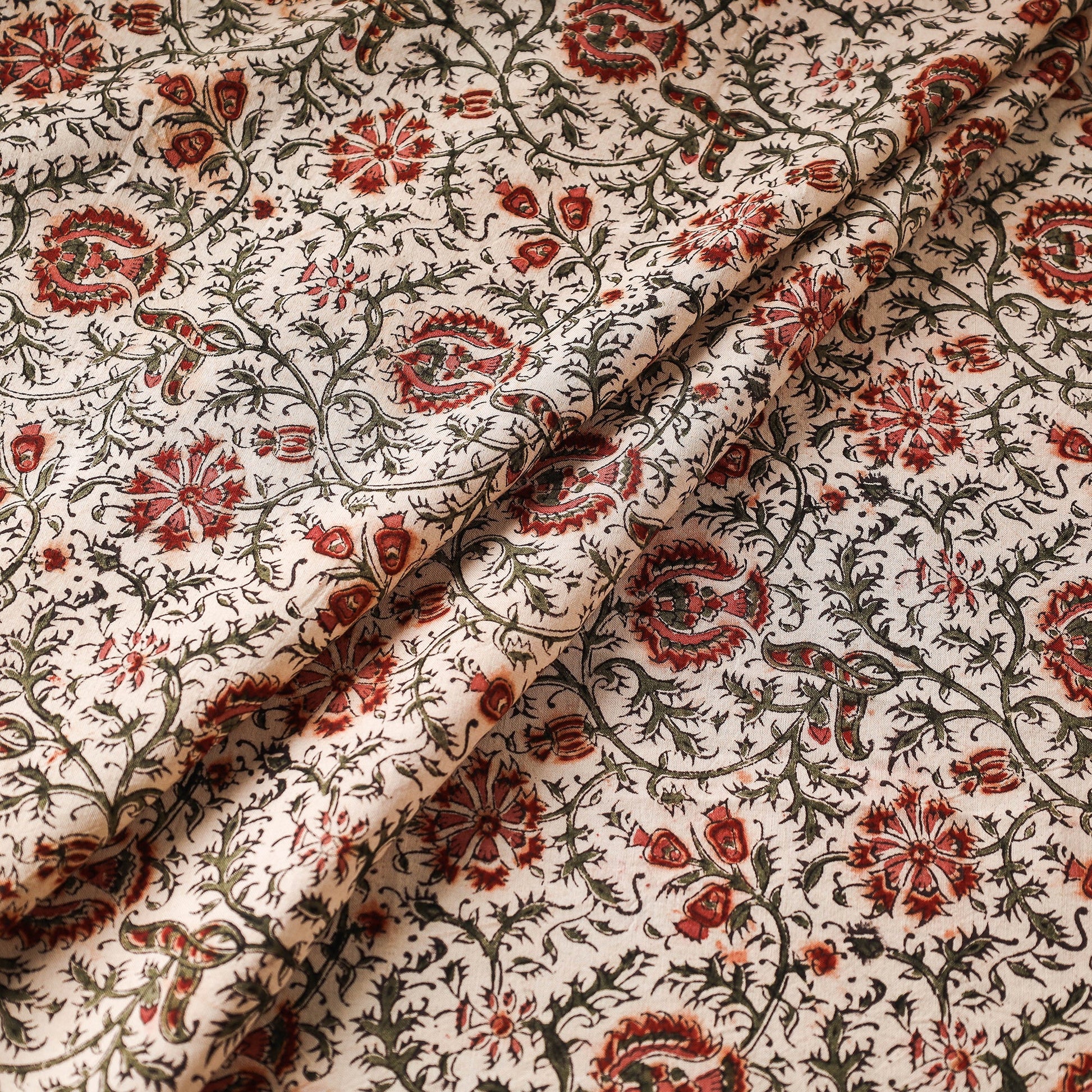Beige - Pedana Kalamkari Block Printed Cotton Fabric 11