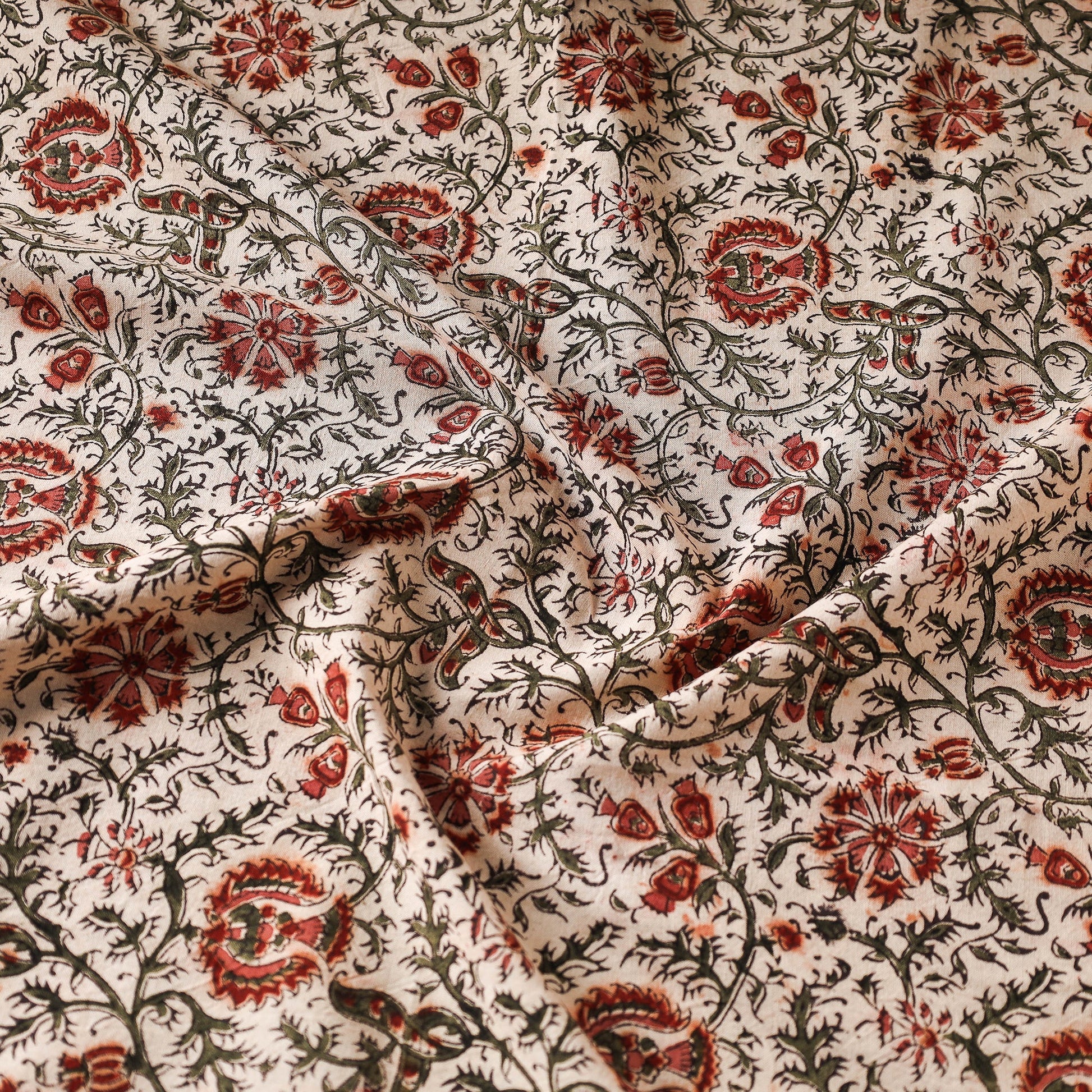 Beige - Pedana Kalamkari Block Printed Cotton Fabric 11
