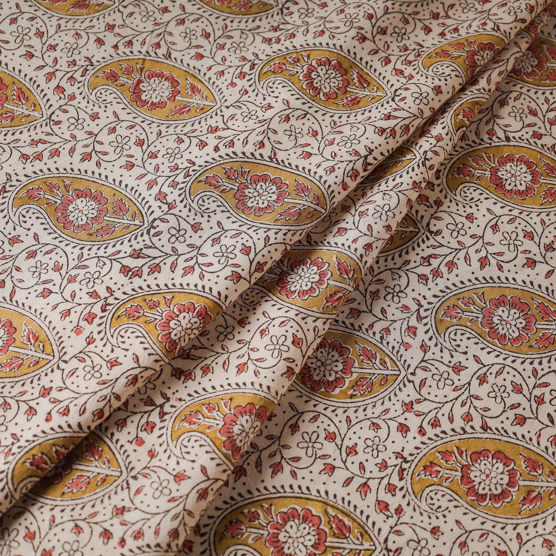 Beige - Pedana Kalamkari Block Printed Cotton Fabric