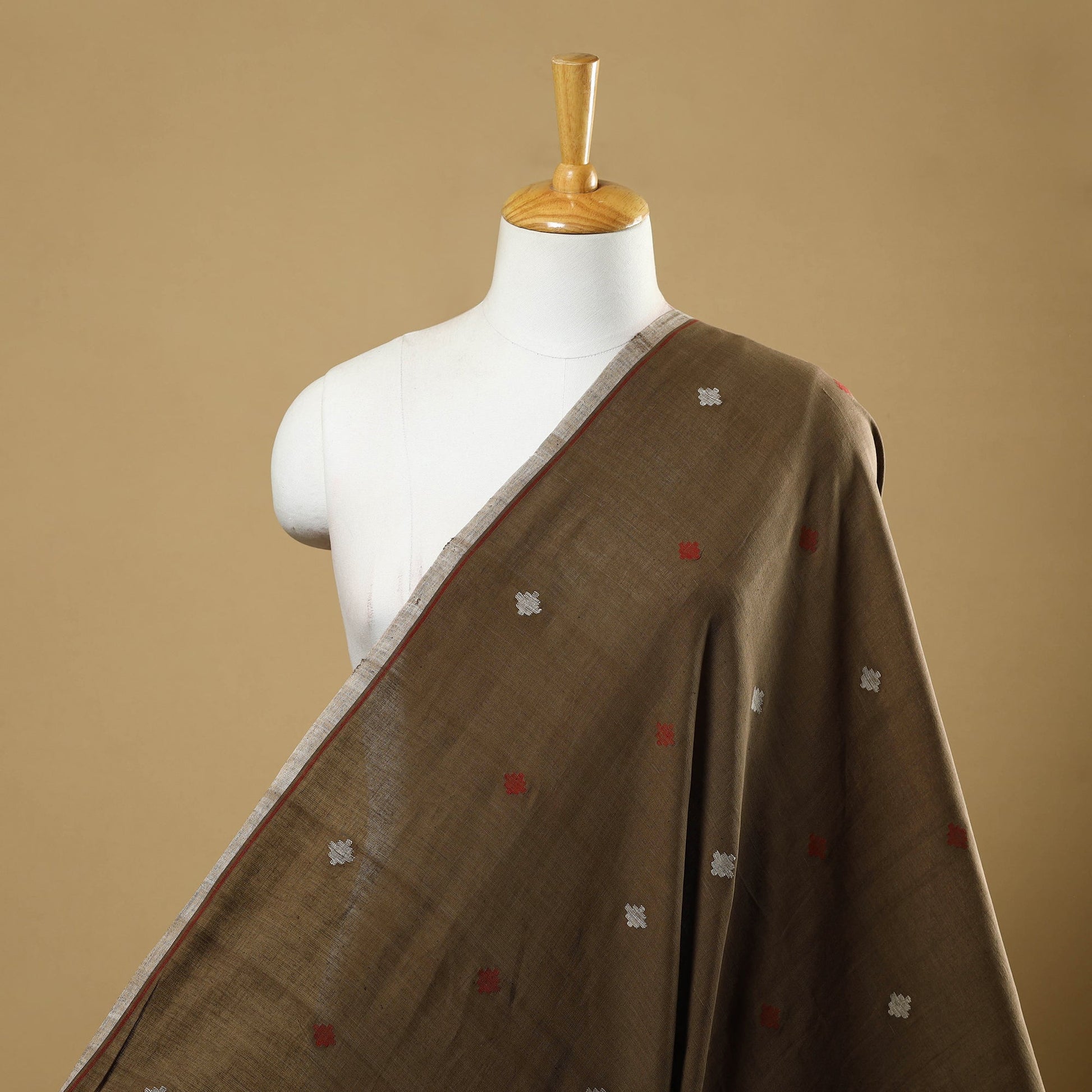 Brown - Handspun Handloom Natural Dyed Cotton Jamdani Fabric 07