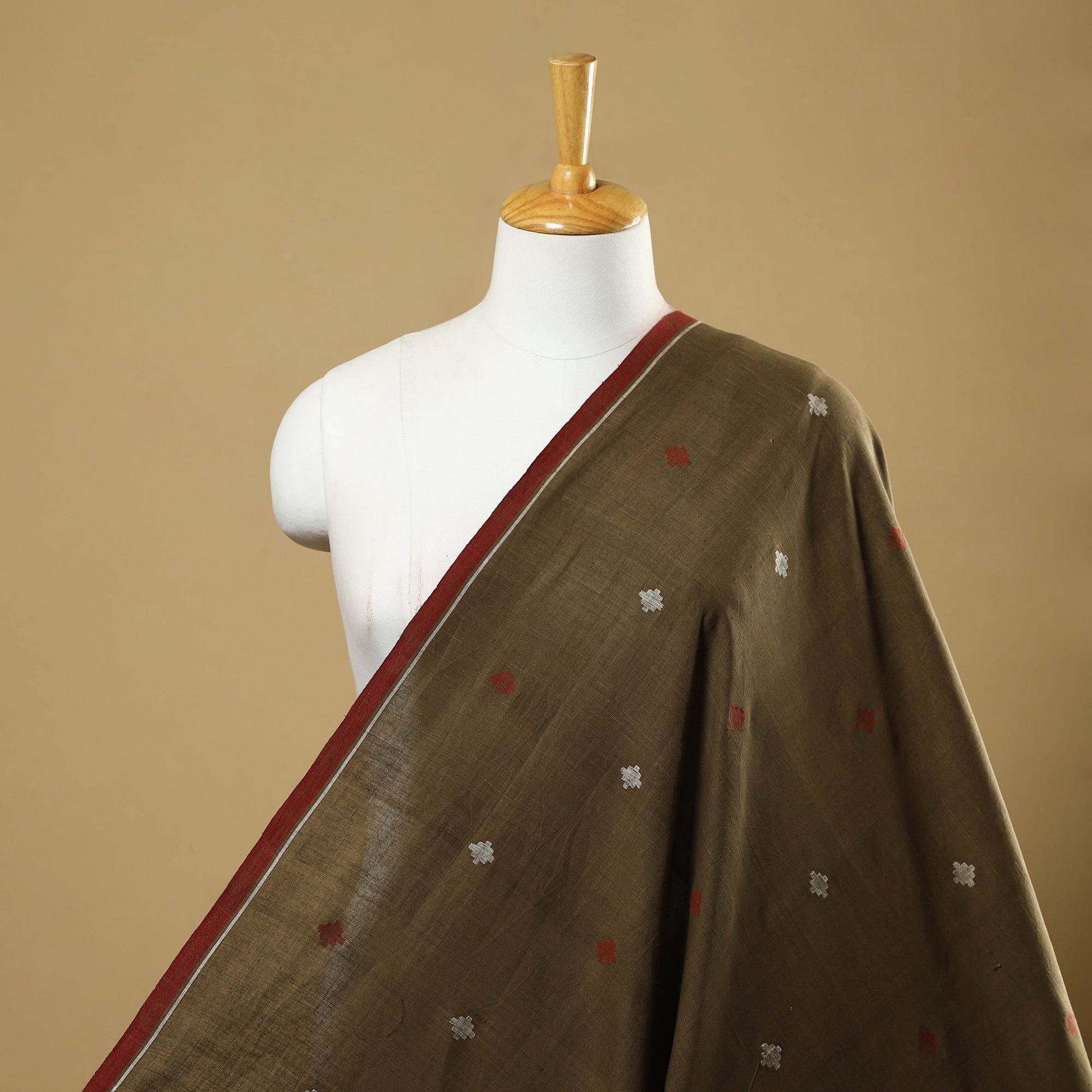 Brown - Handspun Handloom Natural Dyed Cotton Jamdani Fabric 09