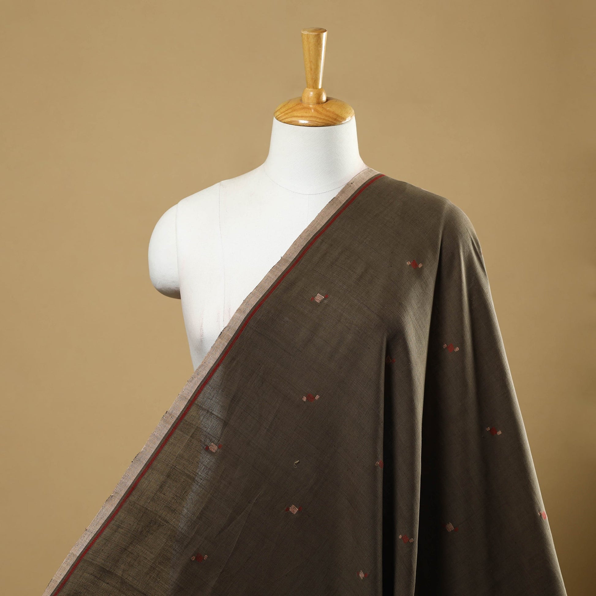 Brown - Handspun Handloom Natural Dyed Cotton Jamdani Fabric 08