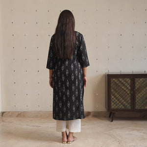Black - Pochampally Ikat Weave Cotton Pintuck Long Straight Kurta 01