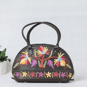 Brown - Original Crewel Hand Embroidered Leather Hand Bag