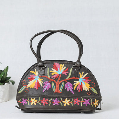 Brown - Original Crewel Hand Embroidered Leather Hand Bag