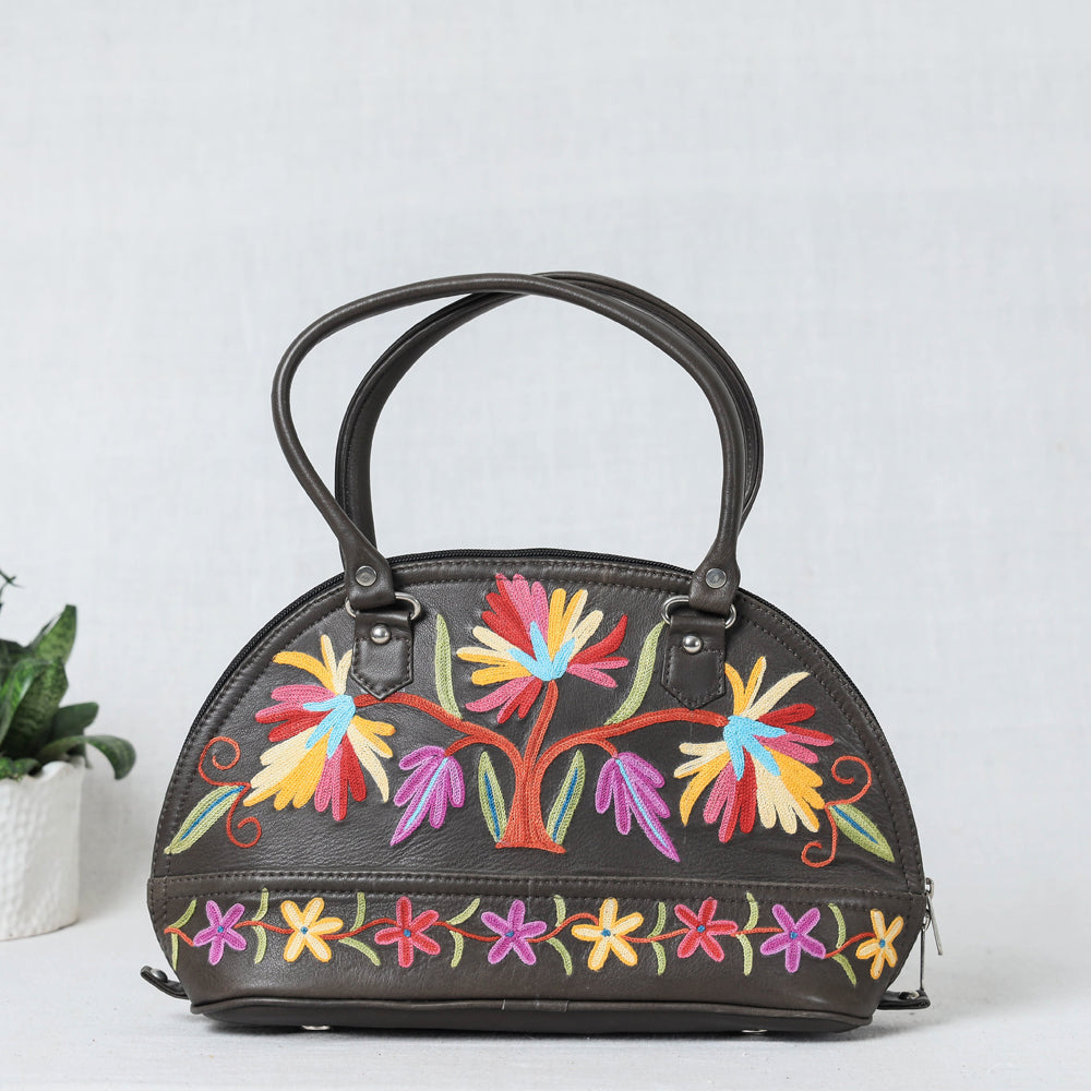 Brown - Original Crewel Hand Embroidered Leather Hand Bag