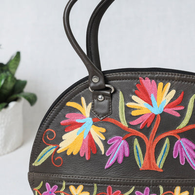 Brown - Original Crewel Hand Embroidered Leather Hand Bag