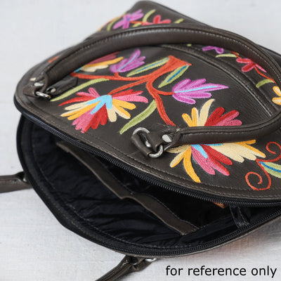 Brown - Original Crewel Hand Embroidered Leather Hand Bag