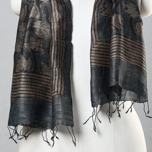 Black - Handloom Block Print Tussar Silk Bindaas Stole