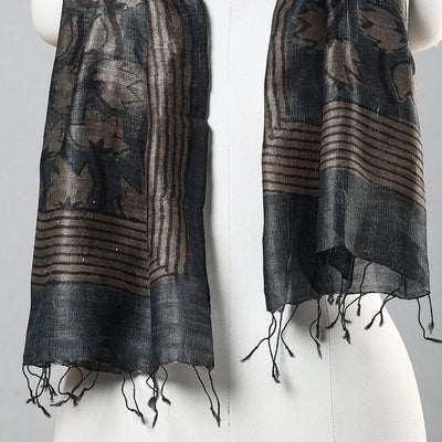 Black - Handloom Block Print Tussar Silk Bindaas Stole