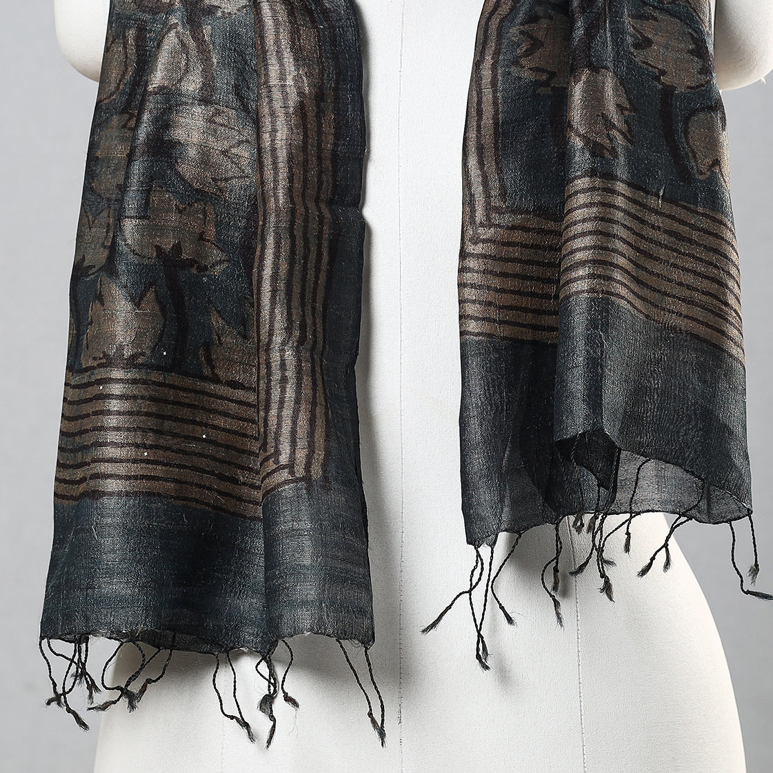 Black - Handloom Block Print Tussar Silk Bindaas Stole