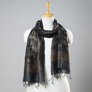 Black - Handloom Block Print Tussar Silk Bindaas Stole