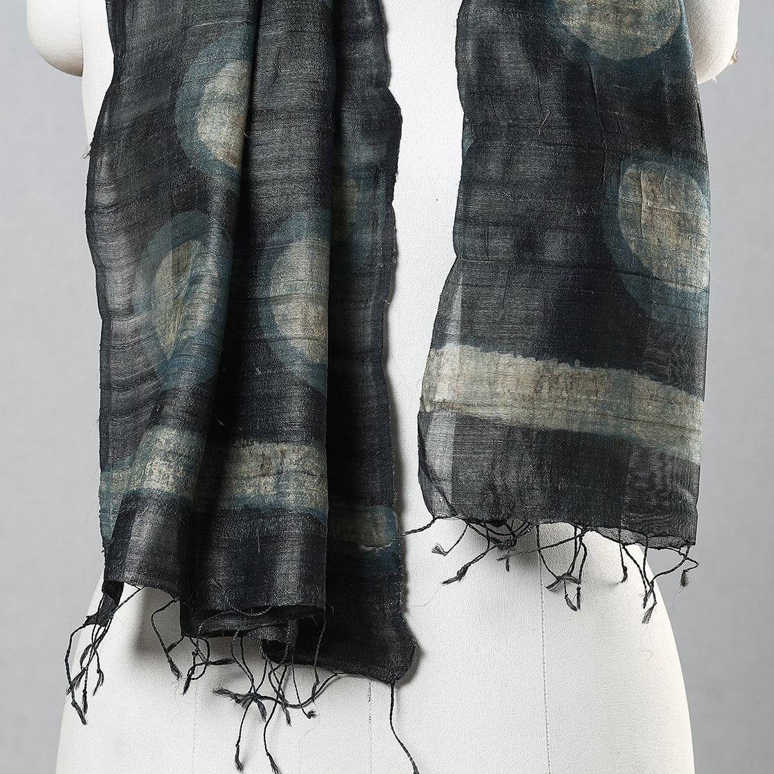 Black - Handloom Block Print Tussar Silk Bindaas Stole