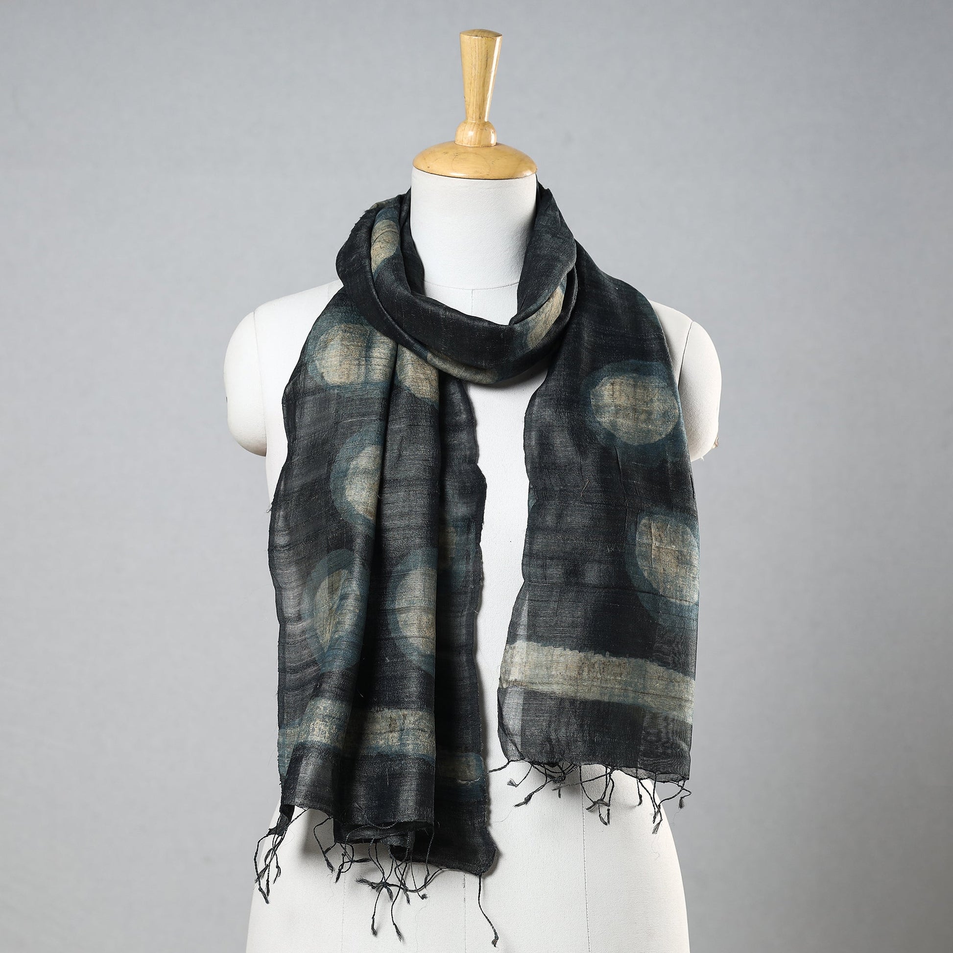 Black - Handloom Block Print Tussar Silk Bindaas Stole
