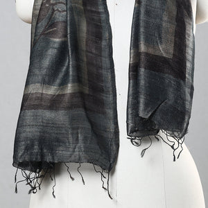 Black - Handloom Block Print Tussar Silk Bindaas Stole