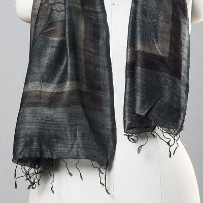 Black - Handloom Block Print Tussar Silk Bindaas Stole