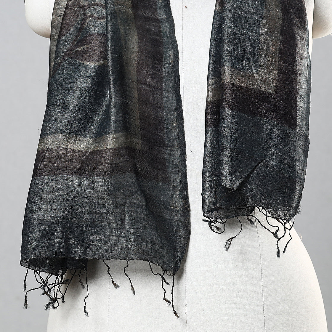 Black - Handloom Block Print Tussar Silk Bindaas Stole