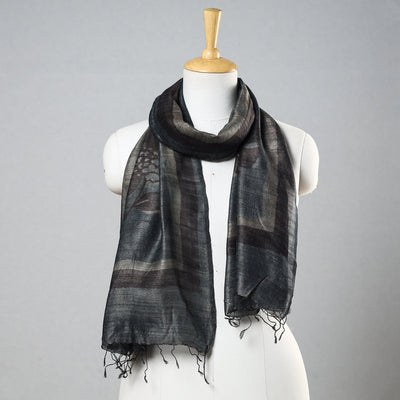 Black - Handloom Block Print Tussar Silk Bindaas Stole