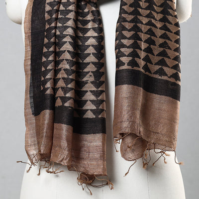 Black - Handloom Block Print Tussar Silk Bindaas Stole