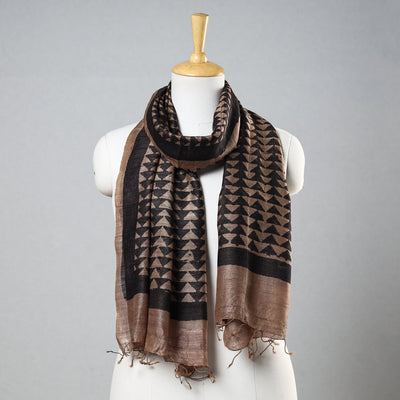 Black - Handloom Block Print Tussar Silk Bindaas Stole