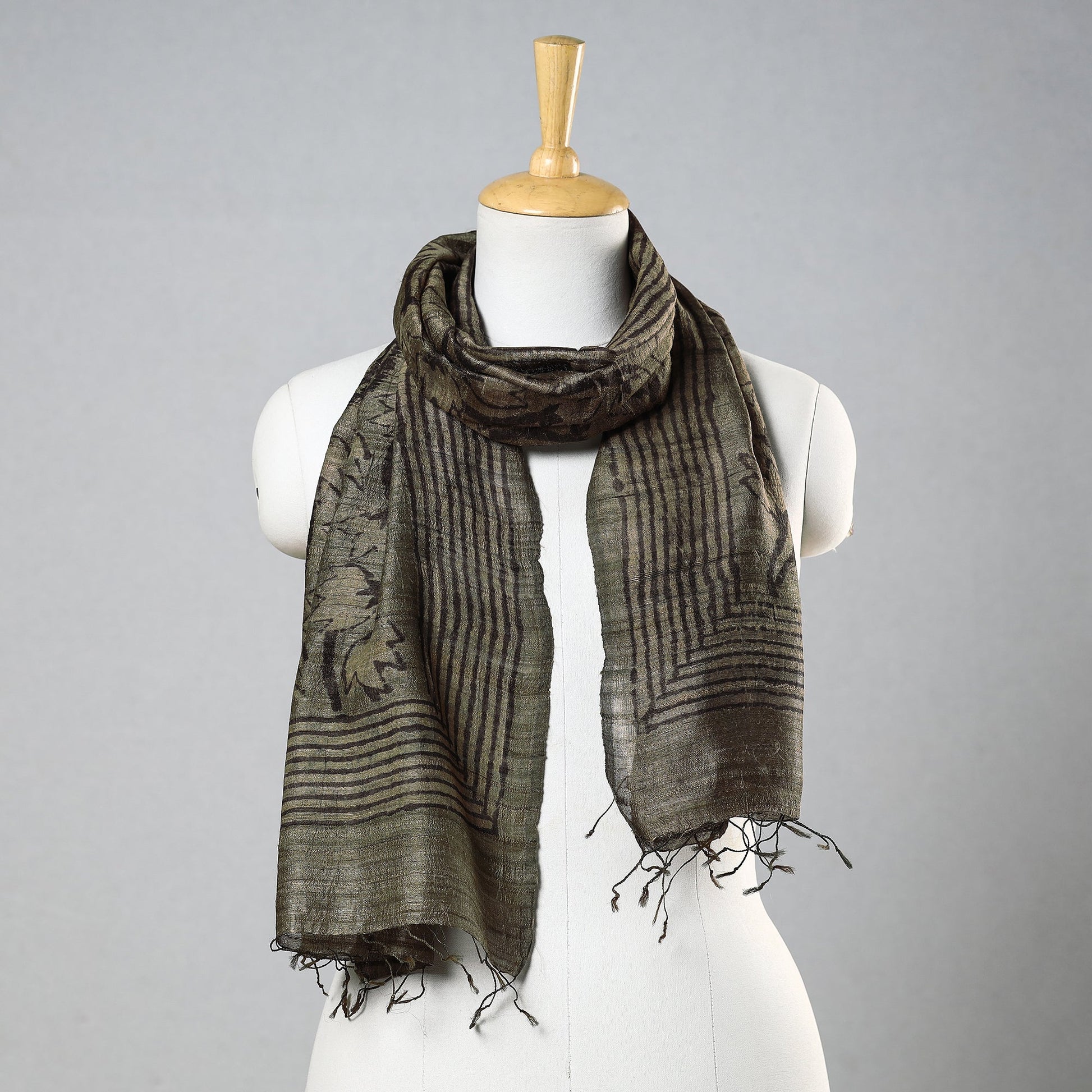 Brown - Handloom Block Print Tussar Silk Bindaas Stole