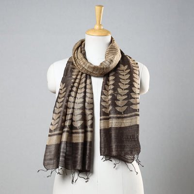 Brown - Handloom Block Print Tussar Silk Bindaas Stole