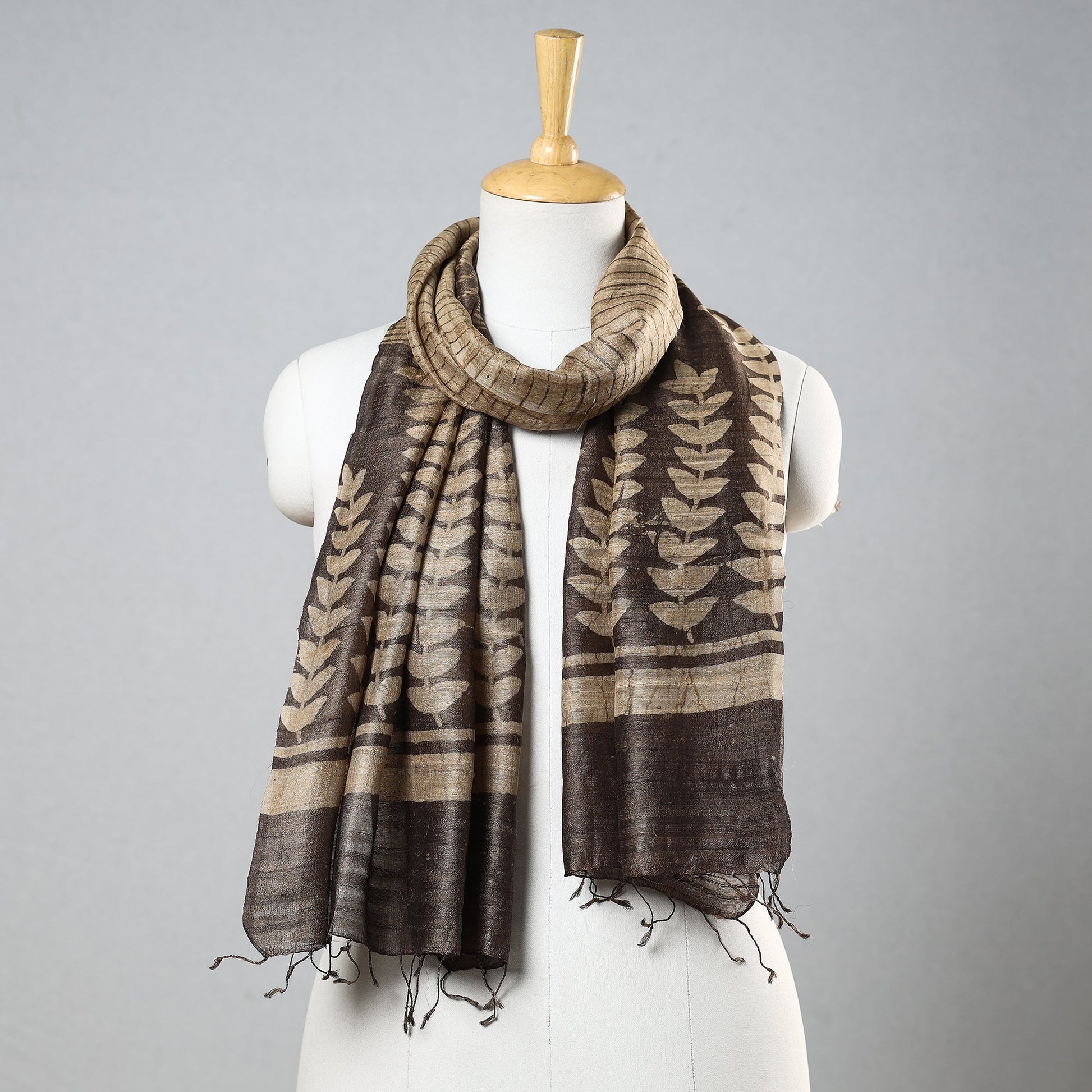 Brown - Handloom Block Print Tussar Silk Bindaas Stole