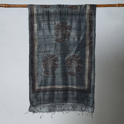 Black - Handloom Block Print Tussar Silk Bindaas Stole
