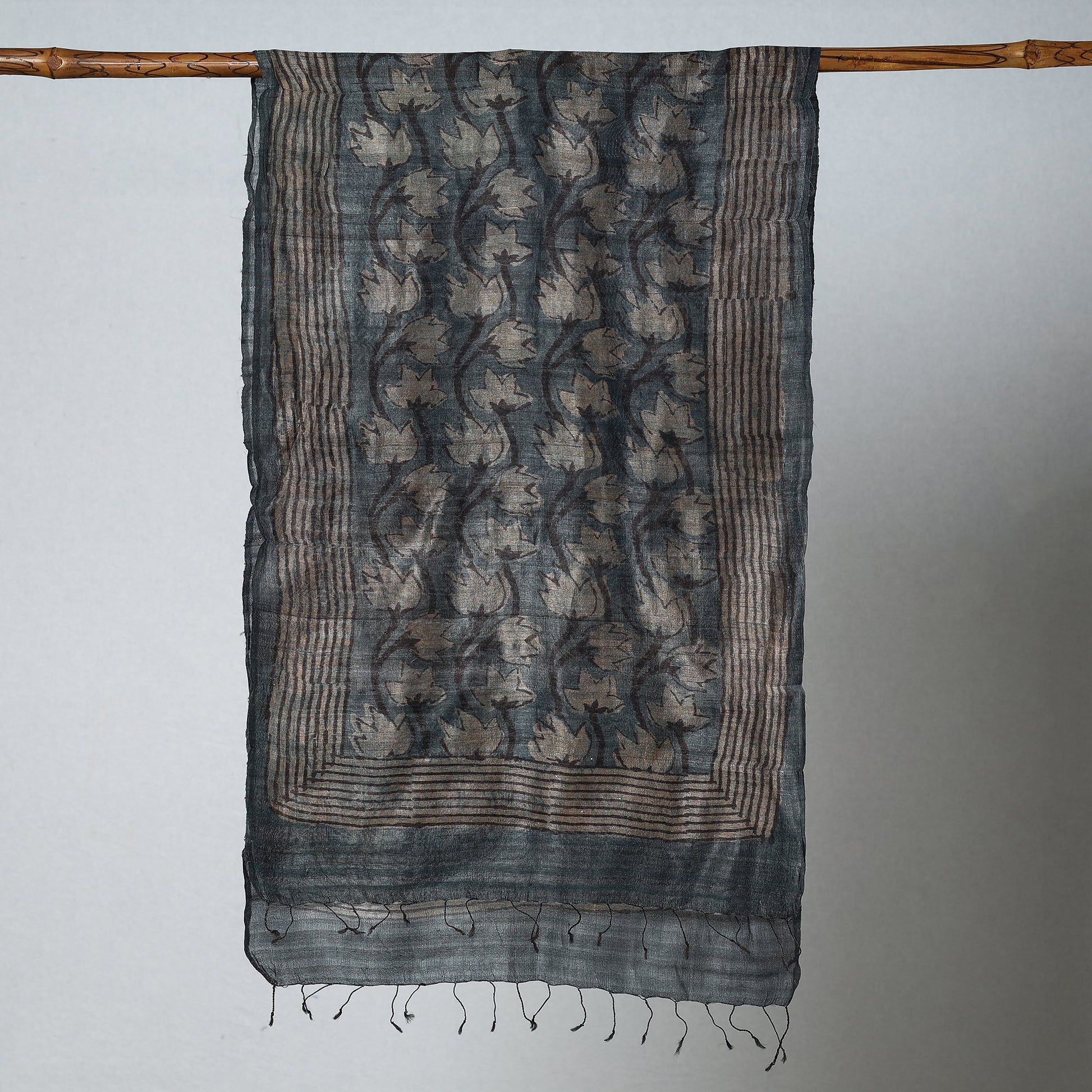 Black - Handloom Block Print Tussar Silk Bindaas Stole