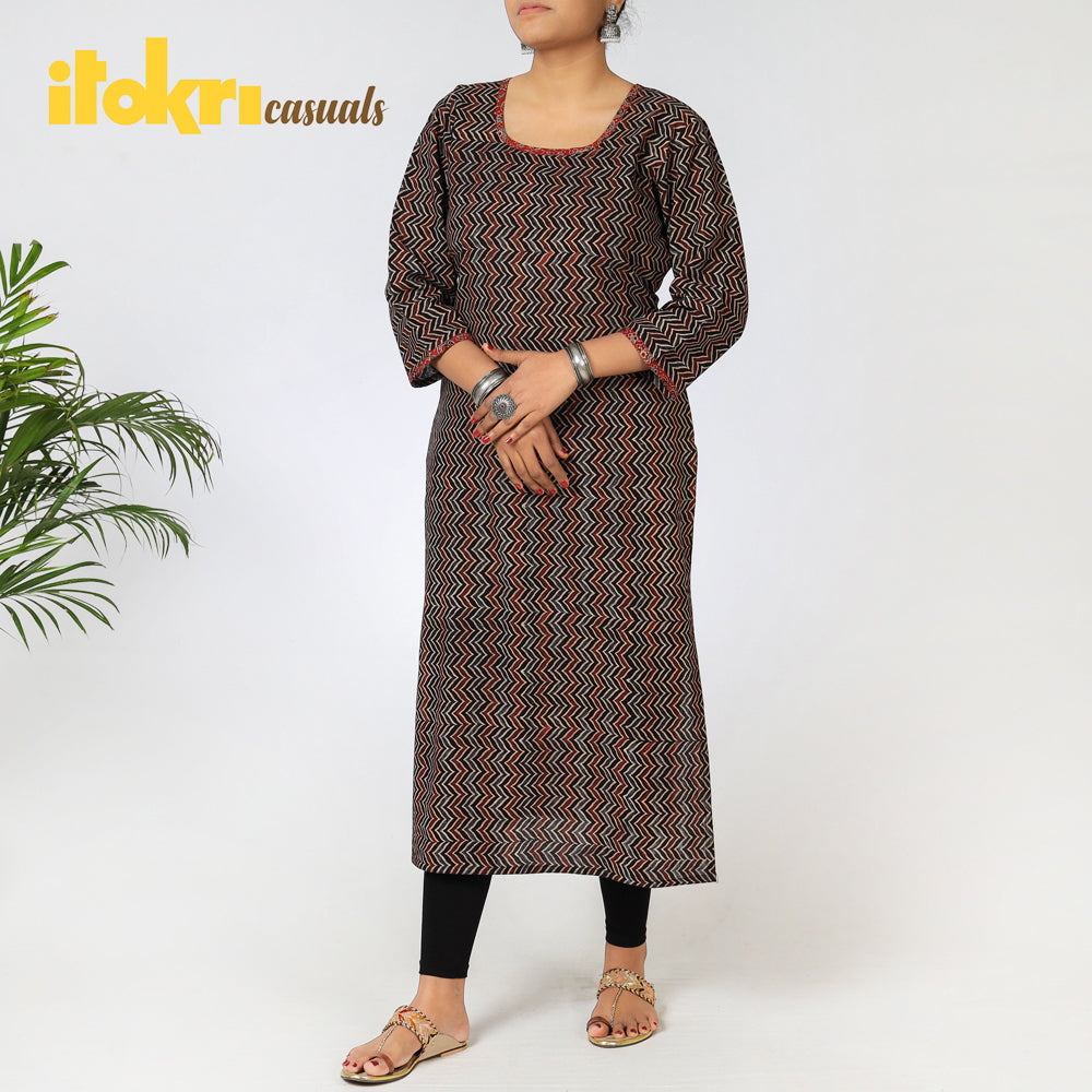 Black - Ajrakh Block Printing Cotton Long Kurta