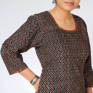 Black - Ajrakh Block Printing Cotton Long Kurta