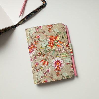 Beige - Floral Printed Handmade Classic Notebook with Pencil (Large)