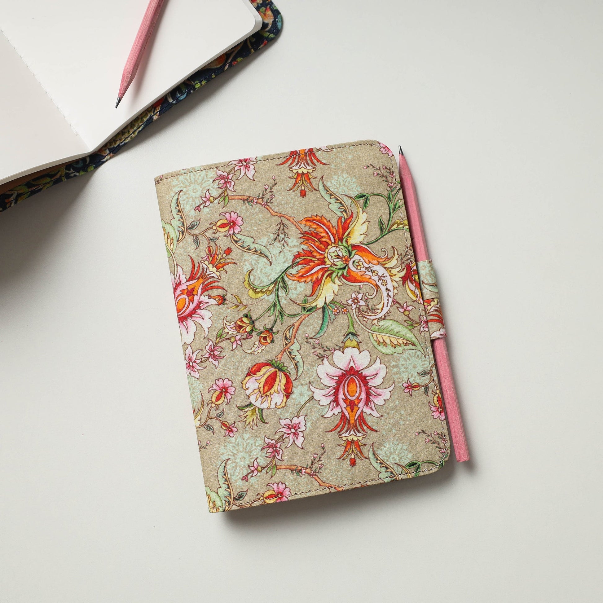 Beige - Floral Printed Handmade Classic Notebook with Pencil (Large)