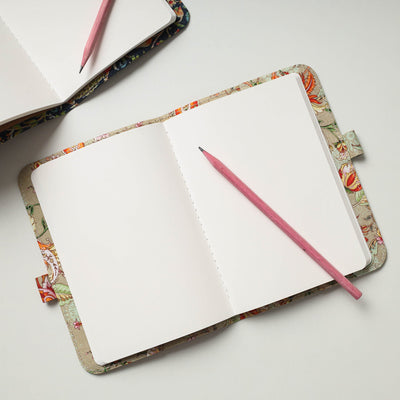 Beige - Floral Printed Handmade Classic Notebook with Pencil (Large)