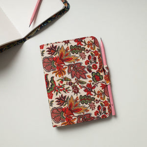 Beige - Floral Printed Handmade Classic Notebook with Pencil (Large)