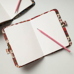 Beige - Floral Printed Handmade Classic Notebook with Pencil (Large)