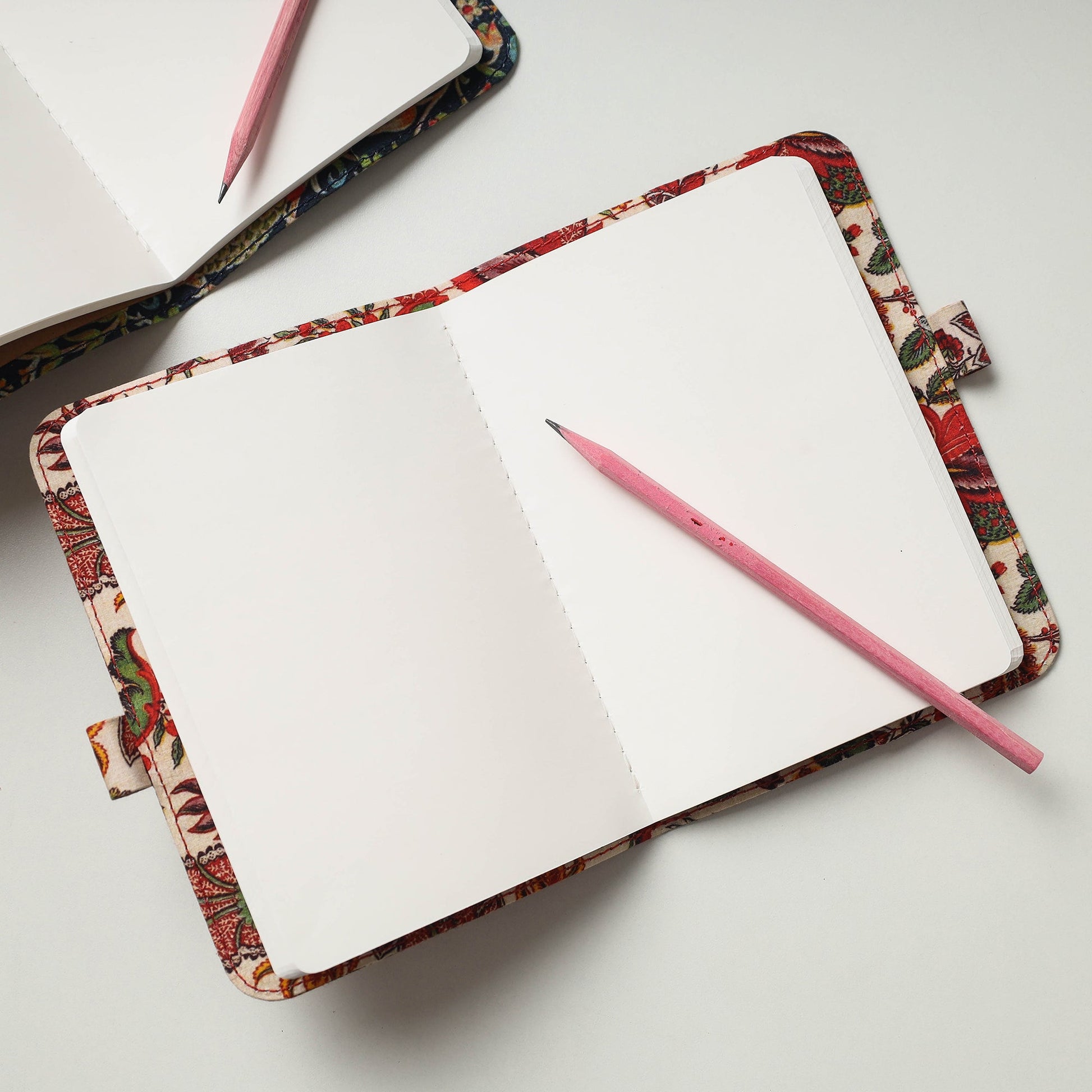 Beige - Floral Printed Handmade Classic Notebook with Pencil (Large)