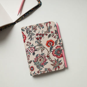 Beige - Floral Printed Handmade Classic Notebook with Pencil (Large)