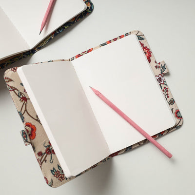 Beige - Floral Printed Handmade Classic Notebook with Pencil (Large)