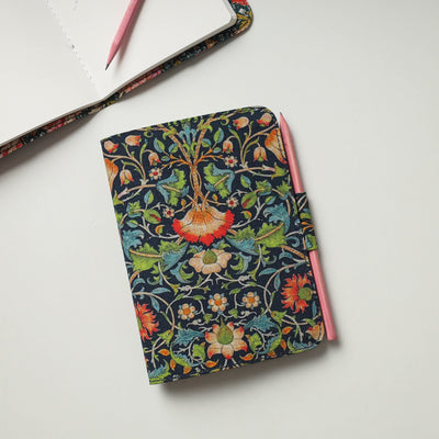 Black - Floral Printed Handmade Classic Notebook with Pencil (Large)