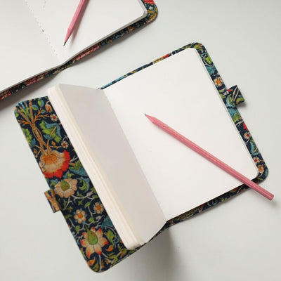 Black - Floral Printed Handmade Classic Notebook with Pencil (Large)