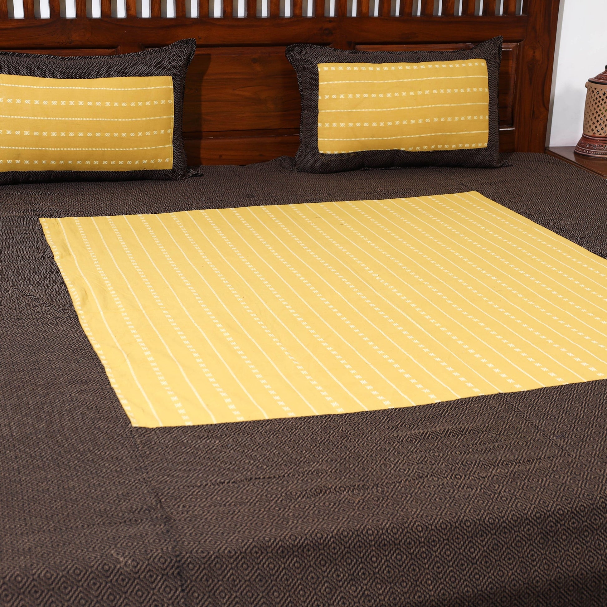 Brown - Jacquard Patchwork Cotton Double Bed Cover with Pillow Covers (107 x 87 in)