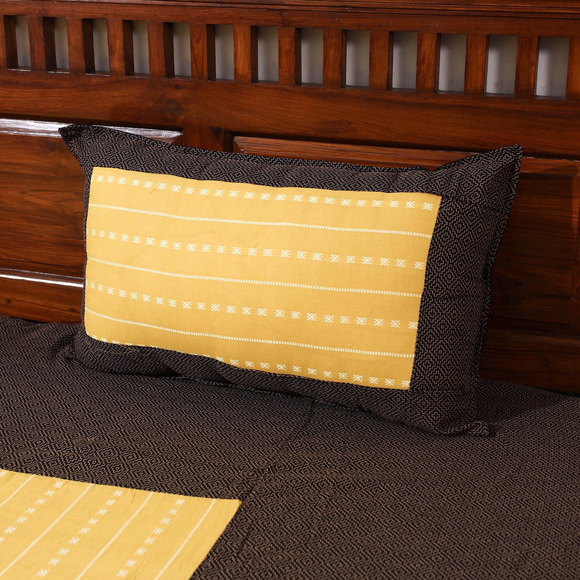 Brown - Jacquard Patchwork Cotton Double Bed Cover with Pillow Covers (107 x 87 in)
