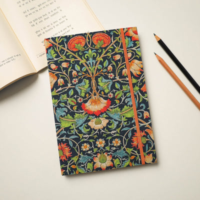 Black - Floral Printed Handmade Elastic Closure Notebook (8 x 5 in)