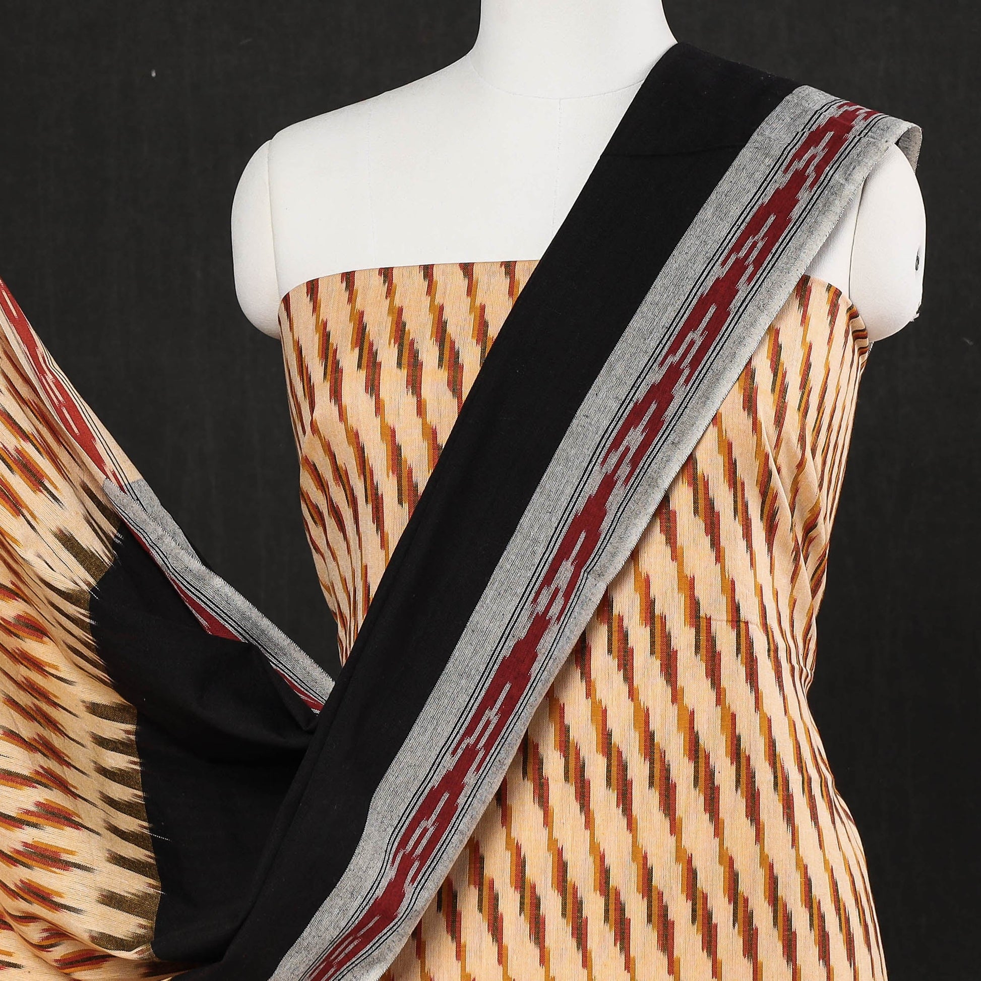 Beige - 3pc Pochampally Ikat Weave Cotton Suit Material Set
