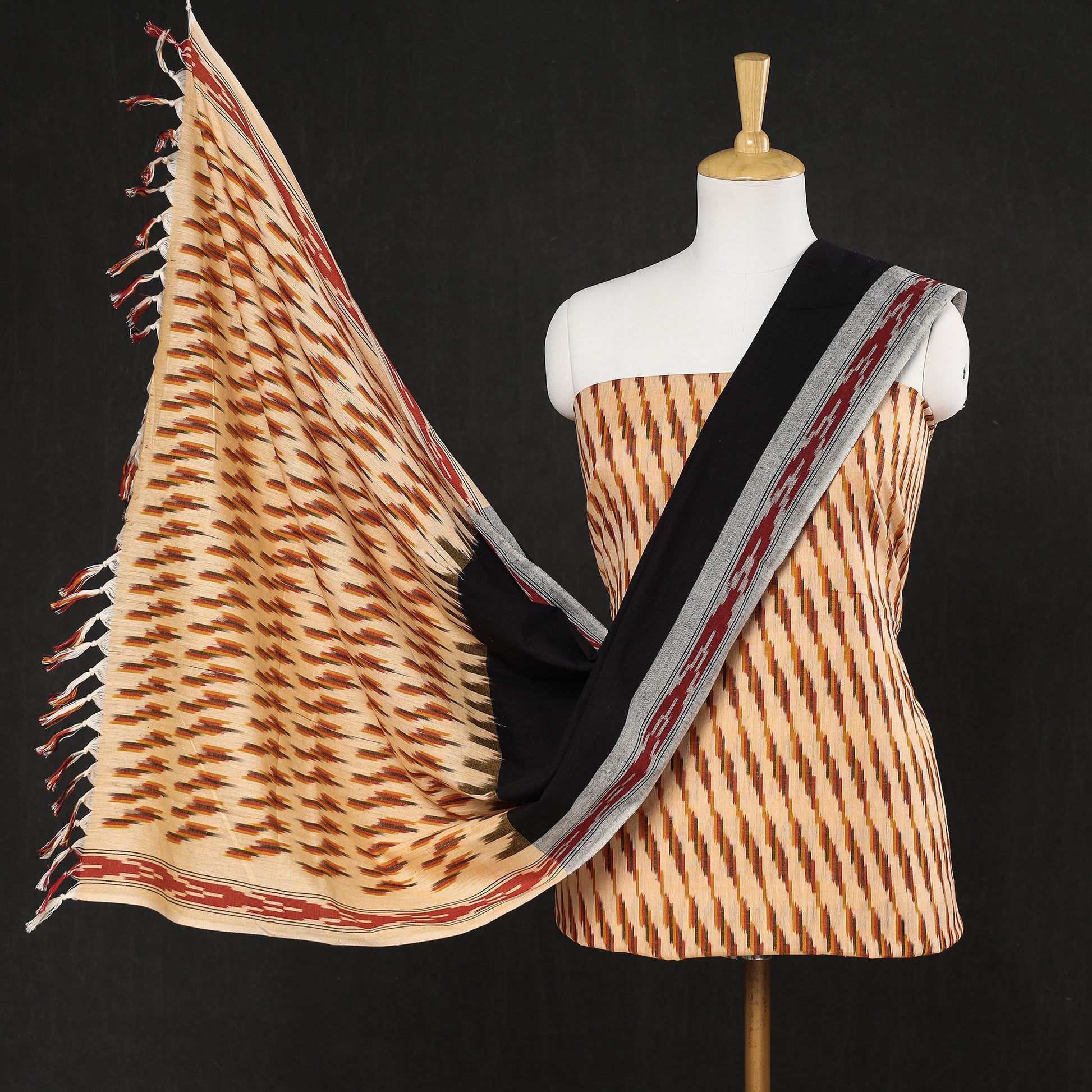 Beige - 3pc Pochampally Ikat Weave Cotton Suit Material Set